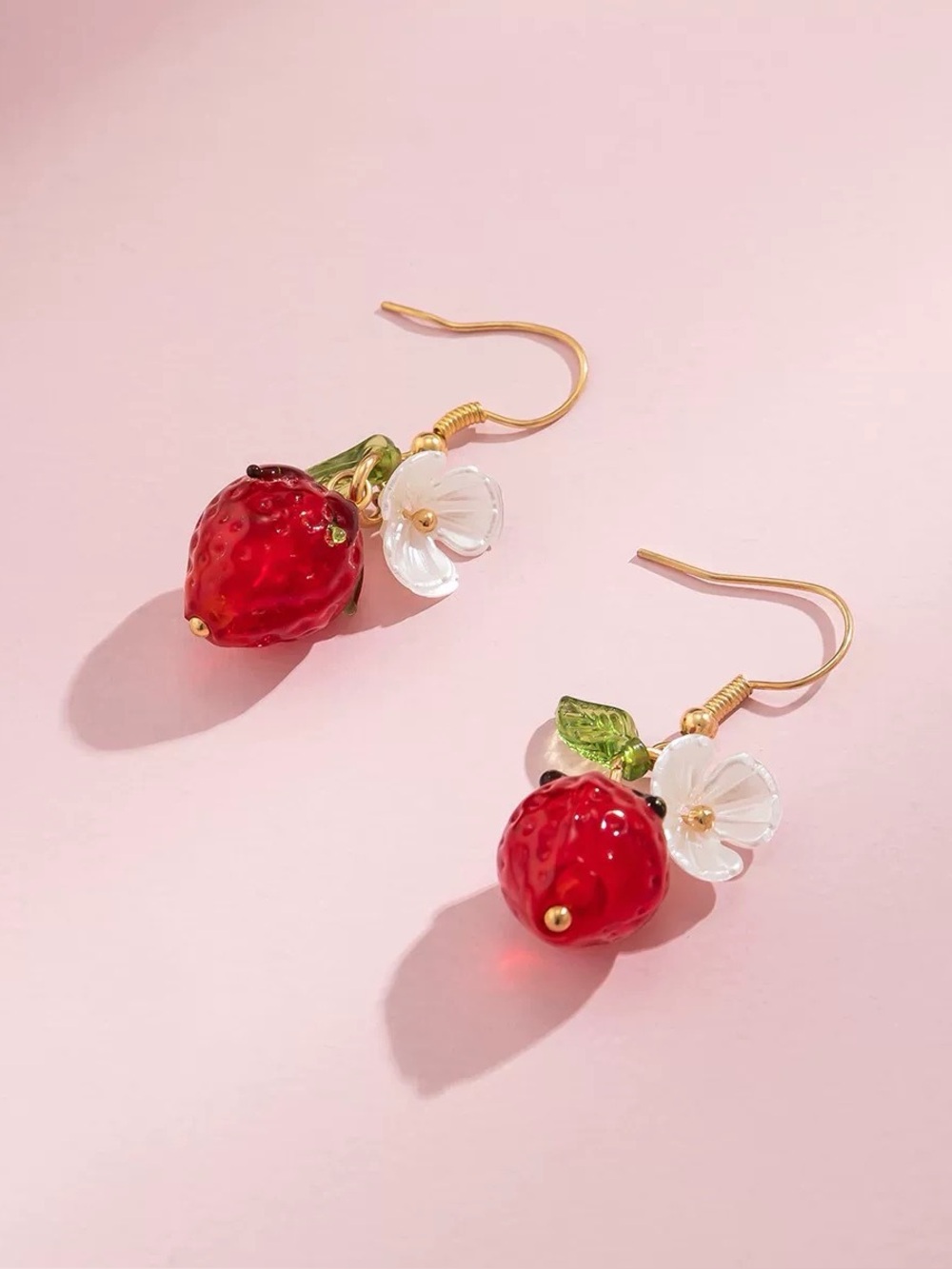 Red Strawberry Drop Earrings with White Flower and green leaf Accent